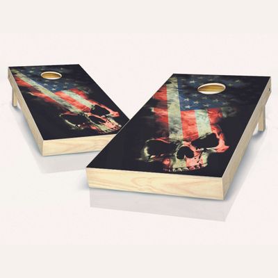 American Flag Skull Cornhole Set - 2x4 Boards (All Weather Bags) - Include Hole + Edge Lights