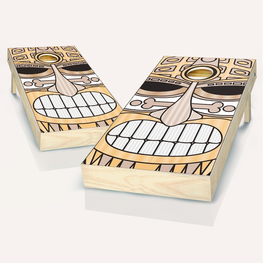Skip's Garage Tiki Face Natural Cornhole Set - 2x4 Boards (Corn Filled Bags) - Include Hole Lights + Score Tower