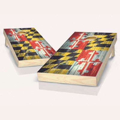 Skip's Garage Maryland Distressed State Flag Cornhole Set - 2x4 Boards (All Weather Bags) - Include Case + Score Tower