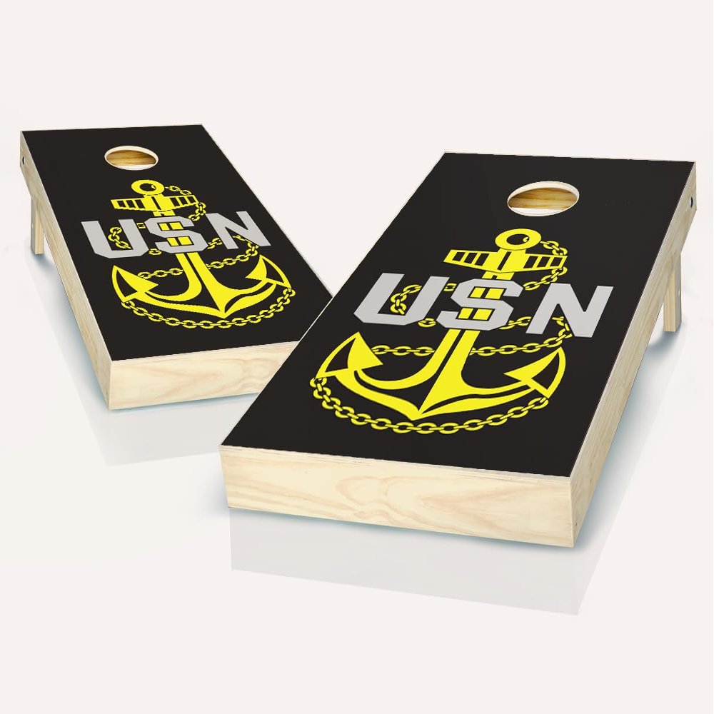 Skip's Garage Navy Anchor Cornhole Set - 2x4 Boards (Corn Filled Bags) - Include Case + Edge Lights