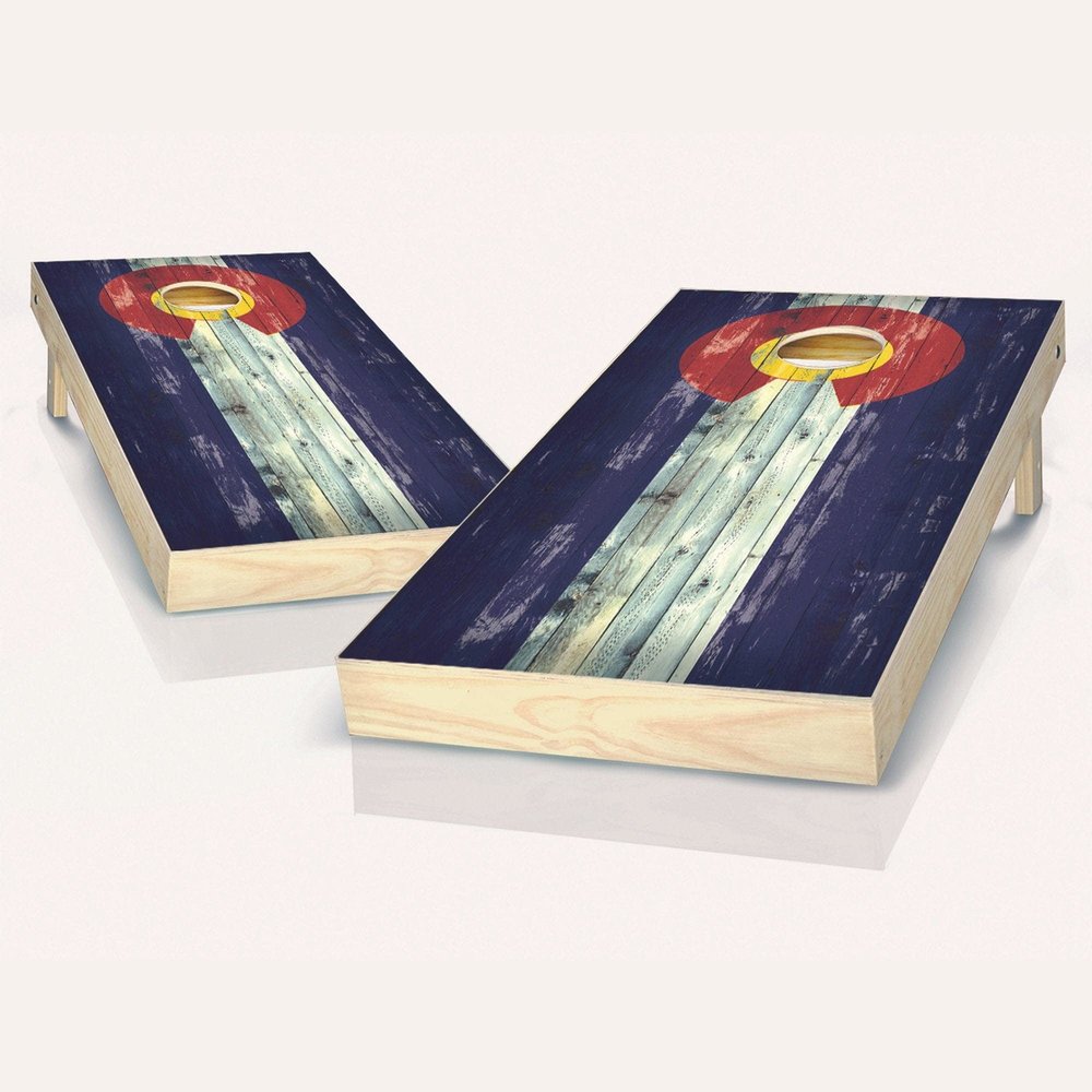 Skip's Garage Colorado Distressed State Flag Cornhole Set - 2x4 Boards (All Weather Bags) - Include Hole + Edge Lights