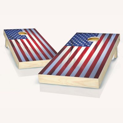 Skip's Garage Wrinkled American Flag Cornhole Set - 2x4 Boards (Corn Filled Bags) - Include Board Edge Lights