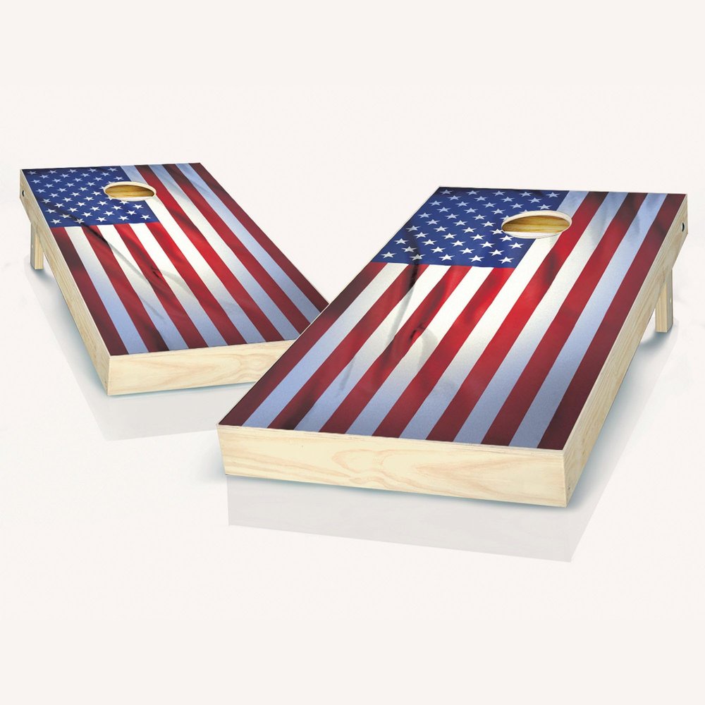 Skip's Garage Wrinkled American Flag Cornhole Set - 2x4 Boards (Corn Filled Bags) - Include Board Edge Lights