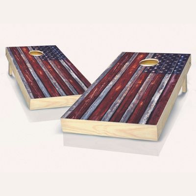 Skip's Garage Country Rustic American Flag Cornhole Set - 2x4 Boards (Corn Filled Bags) - Include Board Hole Lights