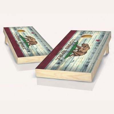 Skip's Garage California Distressed State Flag Cornhole Set - 2x4 Boards (Corn Filled Bags) - Include Case + Hole + Edge Lights