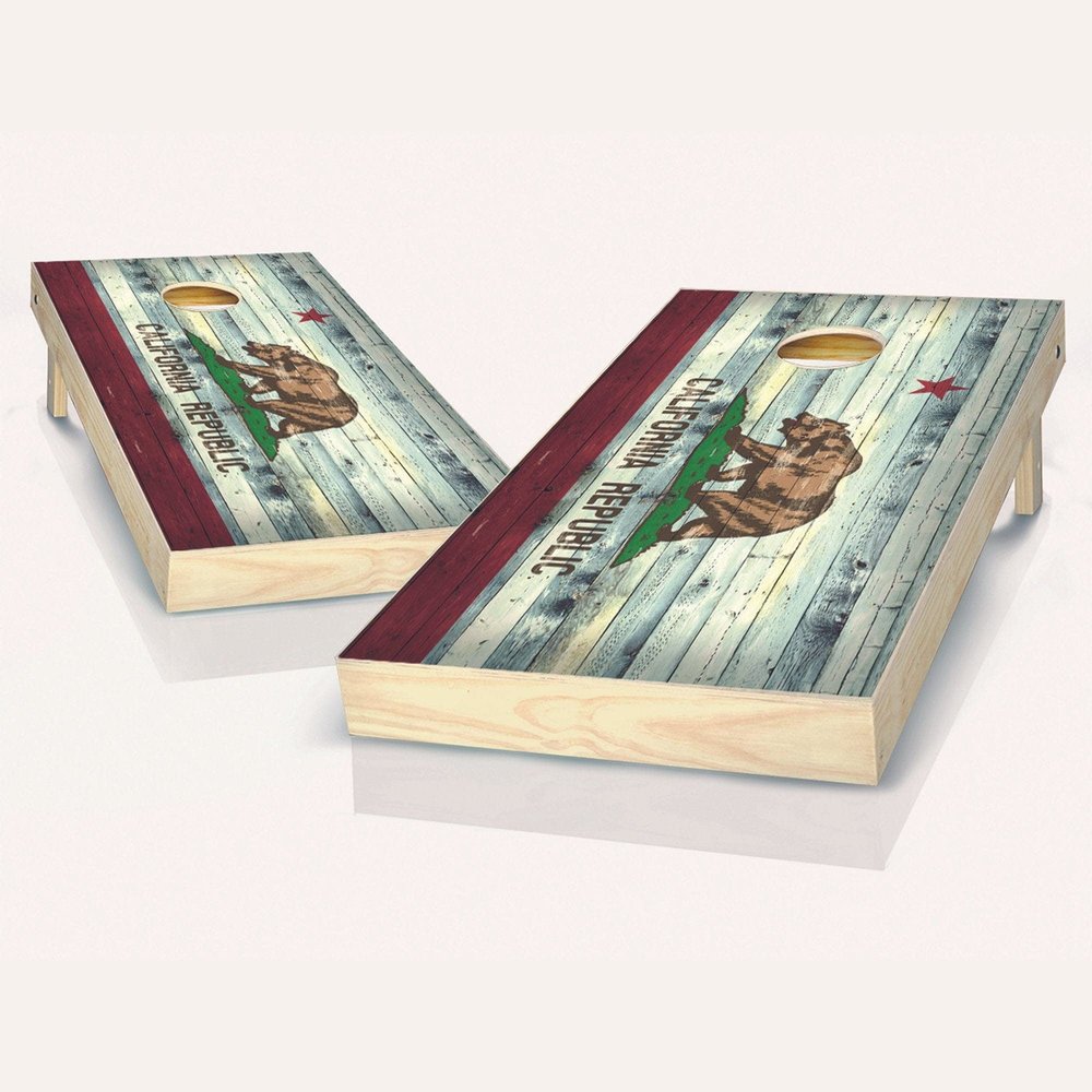Skip's Garage California Distressed State Flag Cornhole Set - 2x4 Boards (Corn Filled Bags) - Include Case + Hole + Edge Lights