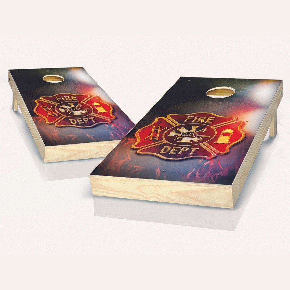 Skip's Garage Fireman Badge Cornhole Set - 2x4 Boards (All Weather Bags) - Include Case + Hole + Edge + Score