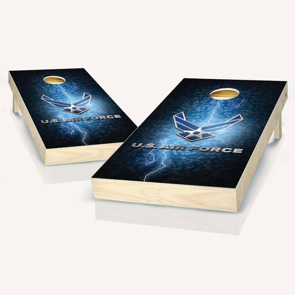 Skip's Garage US Air Force Lightning Cornhole Set - 2x4 Boards (Corn Filled Bags) - Include Edge Lights + Score Tower