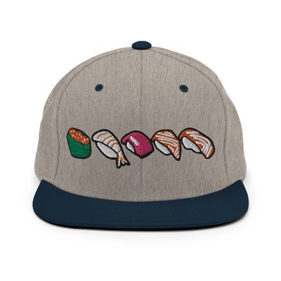 Adult Men Women Snapback Hat Embroidered Sushi Heather Grey/Navy