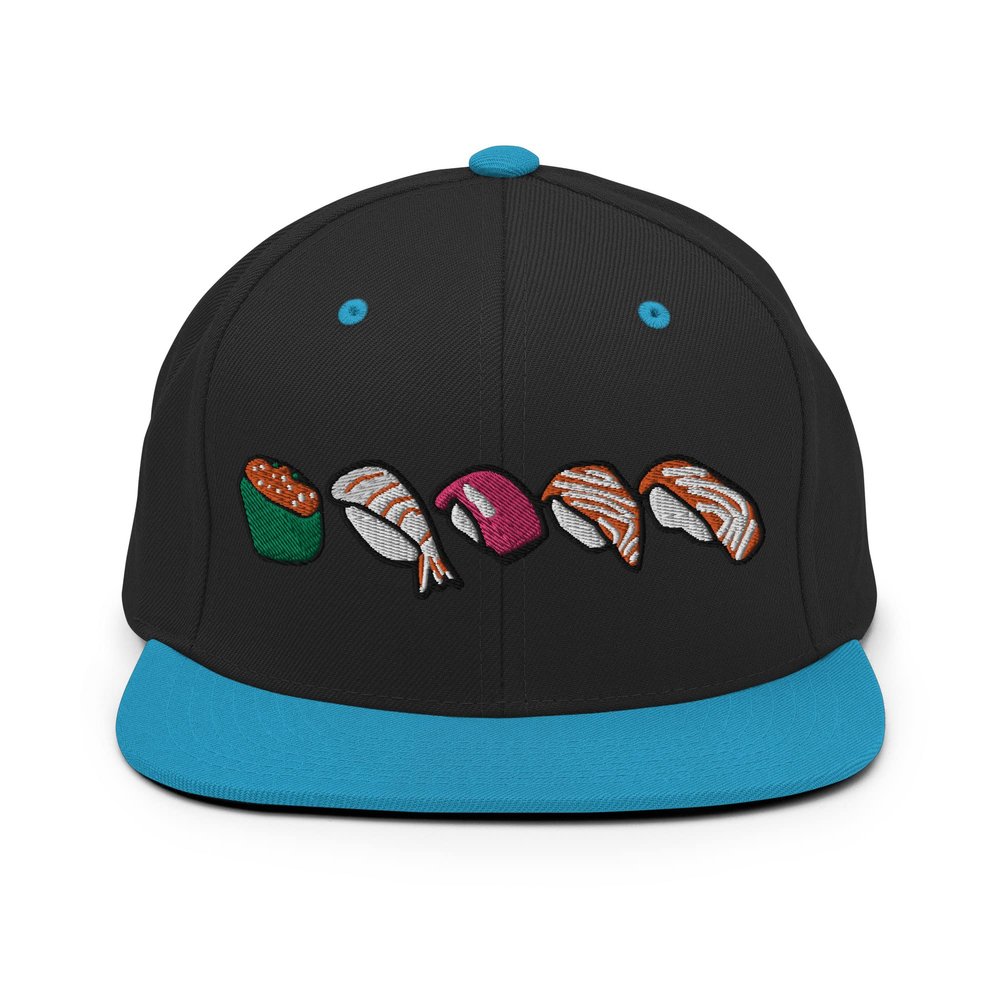 Adult Men Women Snapback Hat Embroidered Sushi Black/Teal