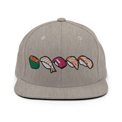 Adult Men Women Snapback Hat Embroidered Sushi Heather Grey