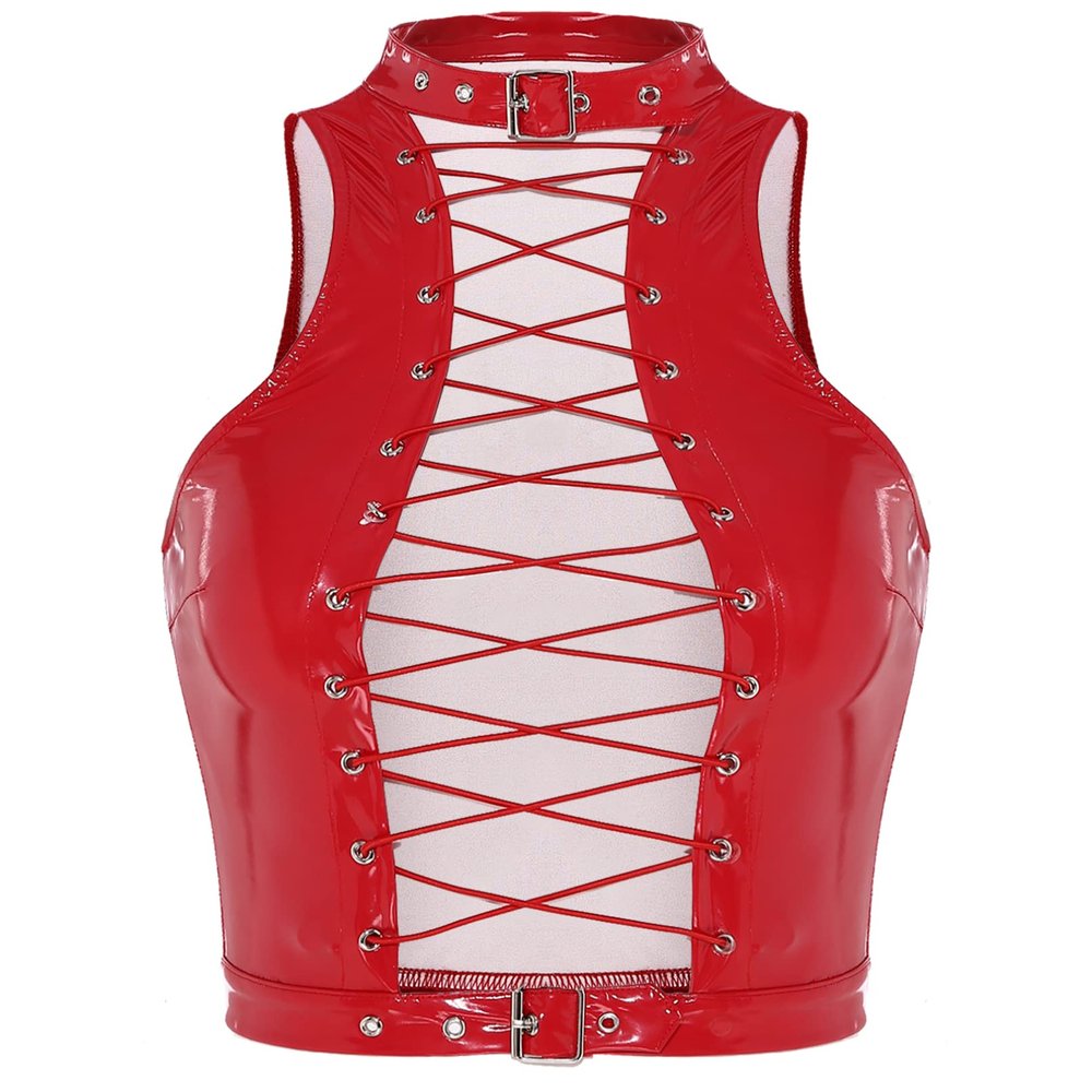 Fldy Women's Lace Up Front Tank Tops Choker Neck Punk Sleeveless Blouse Vest Shirts PU Leather Crop Top Red Large