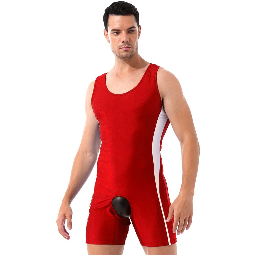 Linjinx Men's One Piece Singlets Leotard Sport Bodysuit Dance Unitard Biketard Gym Outfits Romper Red A Medium