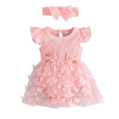 Infant Girls Fly Sleeve 3D Butterfly Tulle Romper Newborn Ribbed Bodysuits Dress Headbands Set New Born Baby Girls Gift (Pink, 18-24 Months)