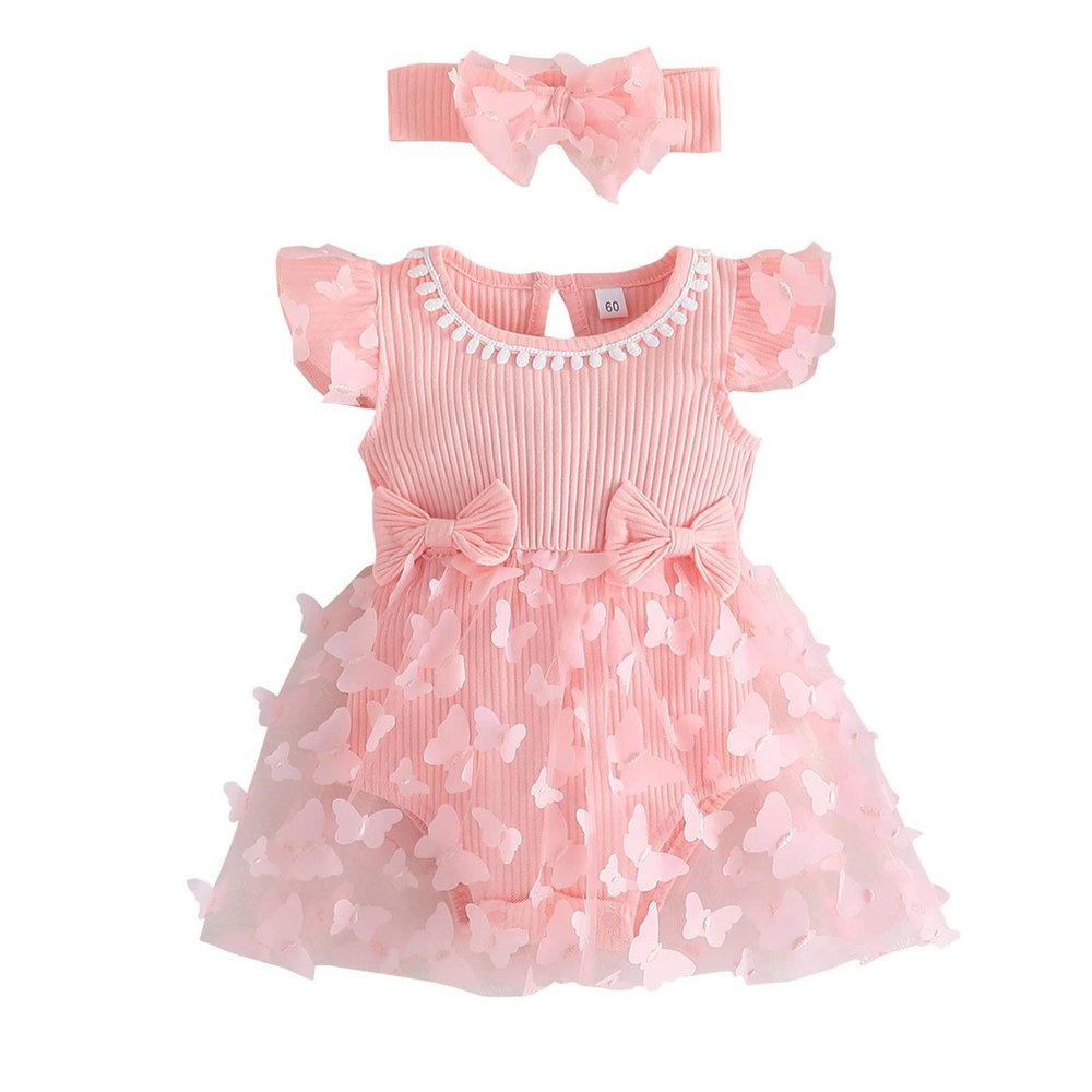 Infant Girls Fly Sleeve 3D Butterfly Tulle Romper Newborn Ribbed Bodysuits Dress Headbands Set New Born Baby Girls Gift (Pink, 18-24 Months)