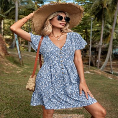 2023 Women's Dresses Ditsy Floral Print Butterfly Sleeve Dress Women's Dresses (Color : Blue and White, Size : Medium)