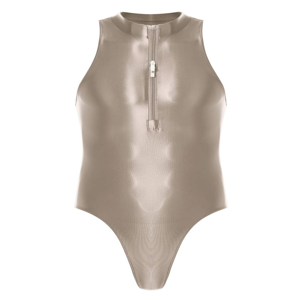 FEESHOW Mens Glossy Double Zipper Bodysuit Sleeveless Leotard Gymnastics Training Swimming Suit Light Brown One Size