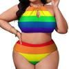 SEPTYK Gay Pride LGBT Rainbow Flag Pattern Women Sexy Bikini 2 PC Plus Size Swimsuits Hollow Out High Neck Bathing Suit 3XL view 1