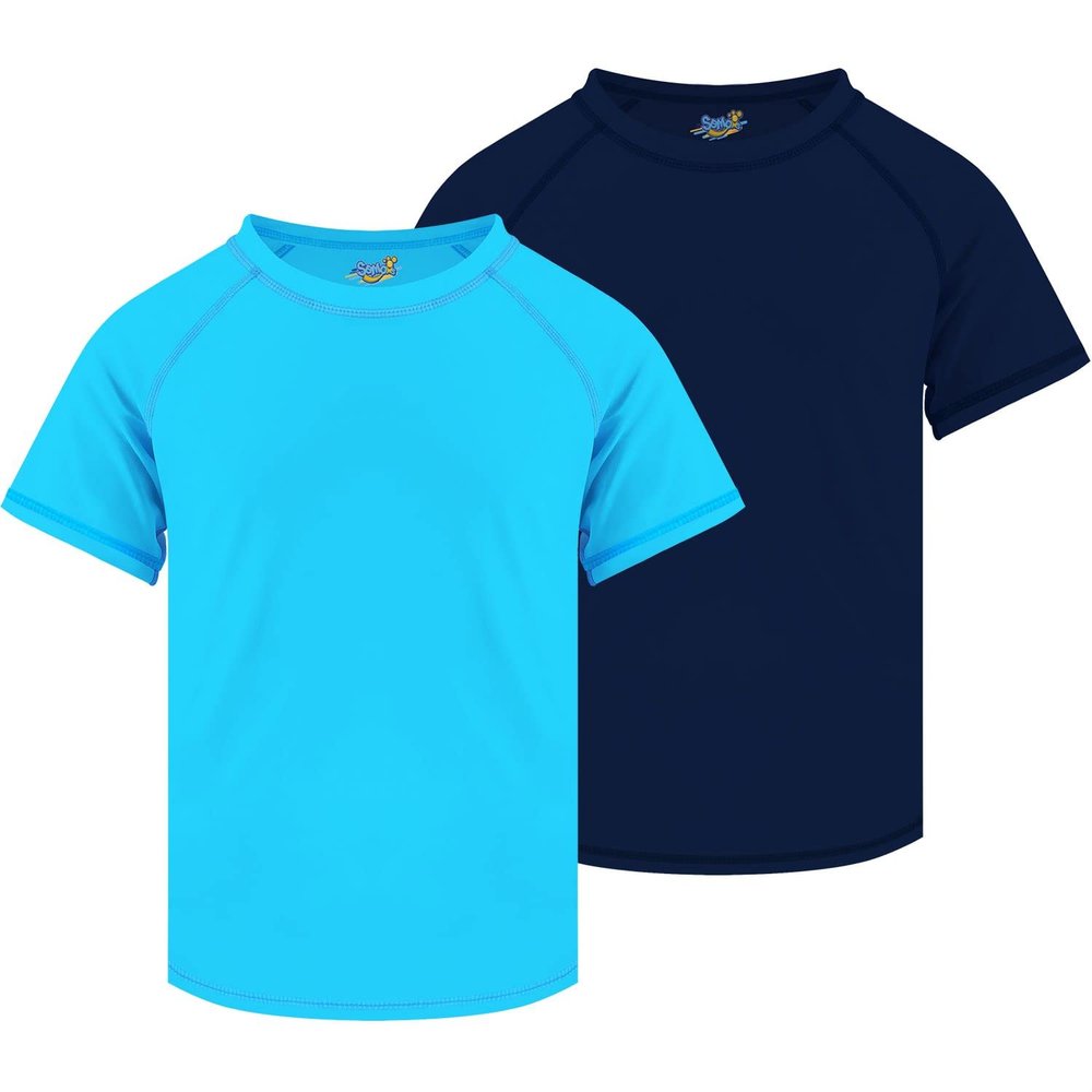 Boys Rash Guard Swim Shirt Short Sleeve, 2 Pack Blue and Navy Blue UPF 50+ Sun Protection Quick Dry Slim Fit Fishing Surf Shirt Cool Beach Clothes for Toddler Youth Kids Size 2T