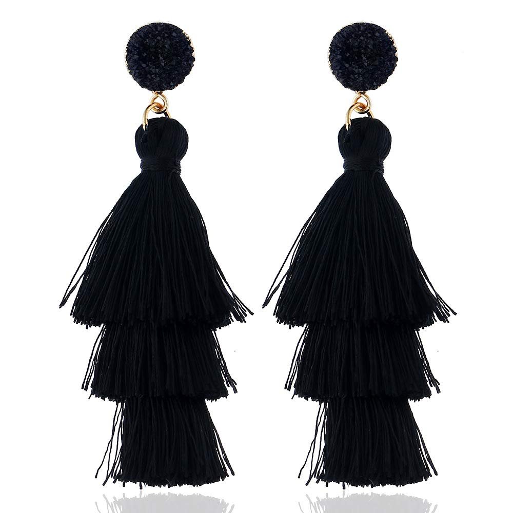 Boho Statement tassel earrings for women Clip On Drop Earrings feather earrings Non Piercing Jewelry for women dangling fringe earrings vacation beach earrings bride earrings bachelorette for women costume prom earrings jewelry-Black