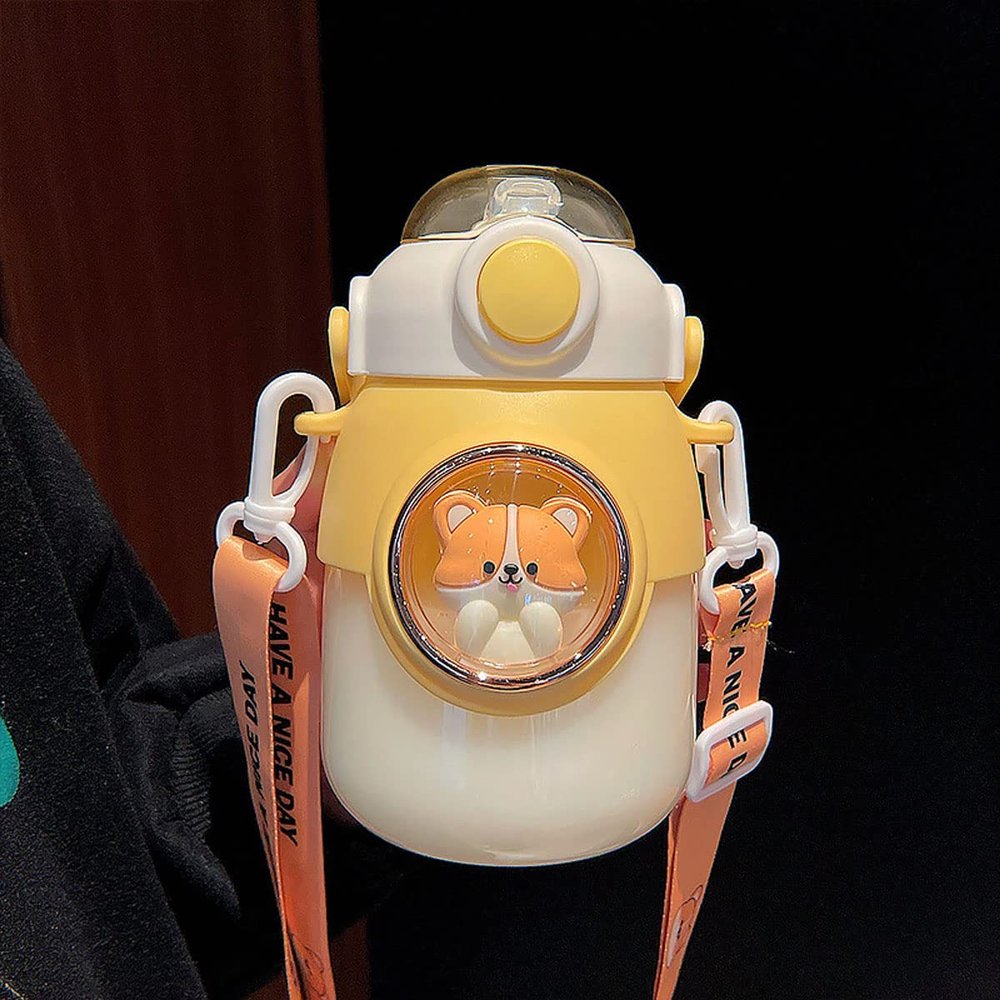 UICIOP Kawaii Water Bottle with shoulder strap and 3D sticker No BPA Water Bottle Cute Portable Water Bottle (Yellow,820ML)