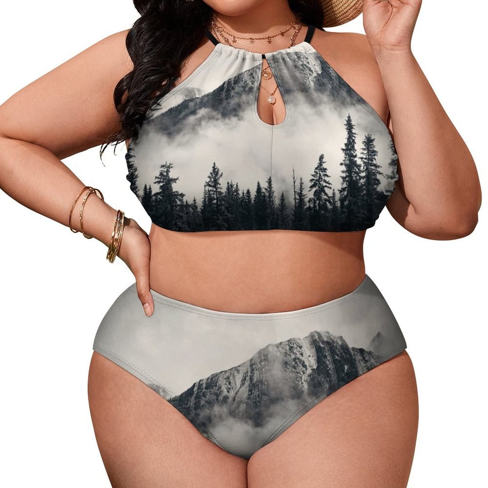 SEPTYK Forest Tree Foggy Mountain Pattern Women Sexy Bikini 2 PC Plus Size Swimsuits Hollow Out High Neck Bathing Suit XL