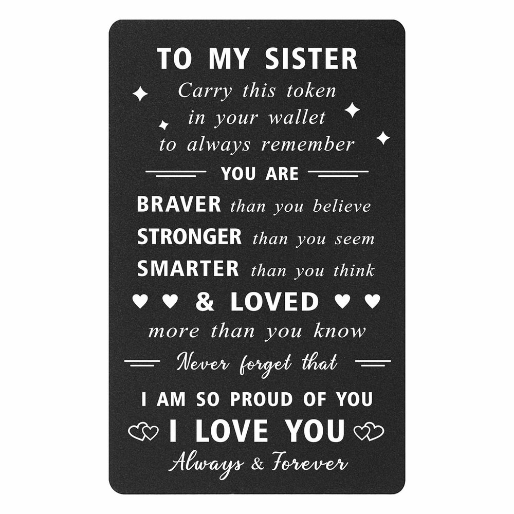ENGZHI Sister Christmas Card, I Love You Sister Birthday Card for Adult Wedding Graduation Mothers Day, Metal Engraved Wallet Card