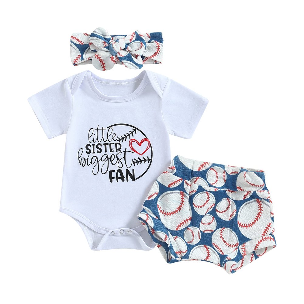 BOIBOKOKO Baby Girl Baseball Outfit Short Sleeve Little Sister Biggest Fan Romper Baseball Shorts/Pants Headband Summer Clothes (White, 0-3 Months)