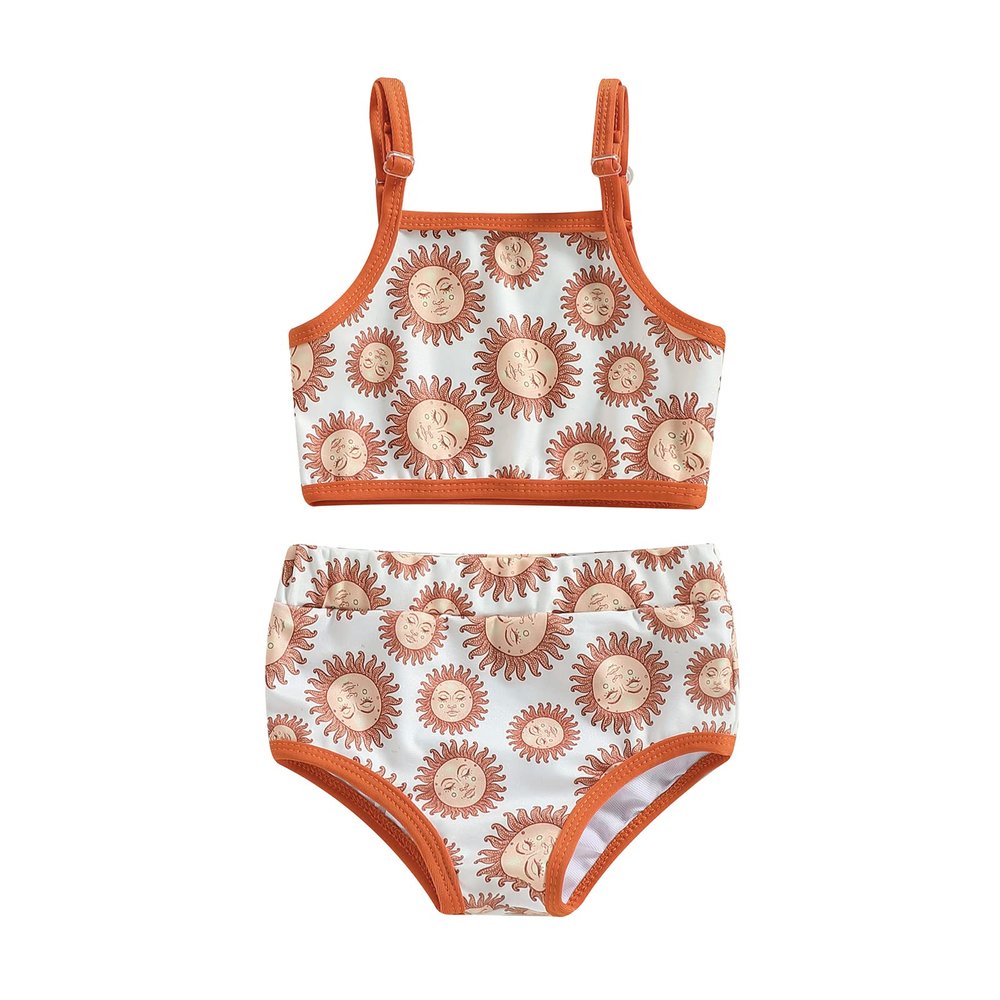 Baby Girl Rash Guard Swimsuit Sleeveless Sun Print Halter Tank Tops Shorts Bikini Crop Top Split Swimwear Set (Yellowish-Brown, 18-24 Months)