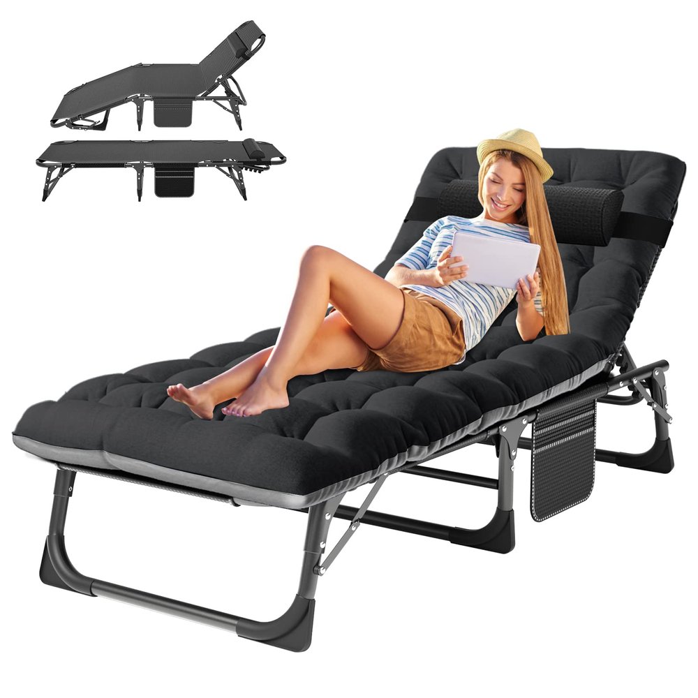 ABORON 5 Positions Camping Cots for Adults,Outdoor Folding Sleeping Cot/Mat,Folding Chaise Lounge Chair with Pillow,Portable Reclining Chair for Beach Lawn Camping Pool,Sunbathing Chairs