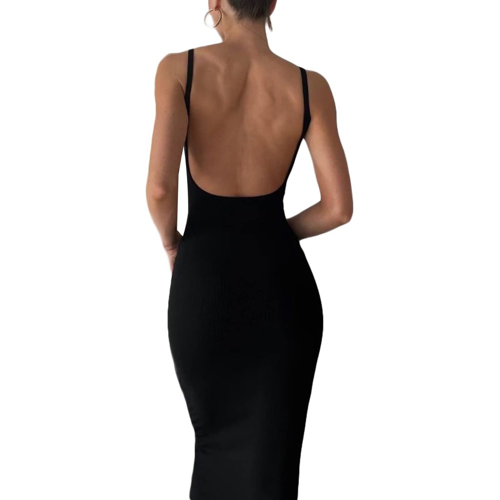 NUFIWI Women Hollow Out Backless Maxi Dress Knitted Spaghetti Strap Bandage Long Dresses Low Cut Bodycon Party Dress(Open Back Strap Black,Medium)