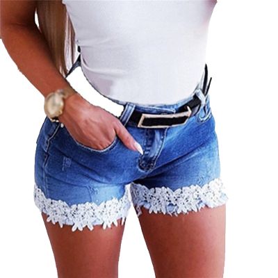 Lace Jeans Shorts for Women Summer Stretch Skinny Denim Pants Ripped Distressed Shorts with Pockets (Large,Blue)