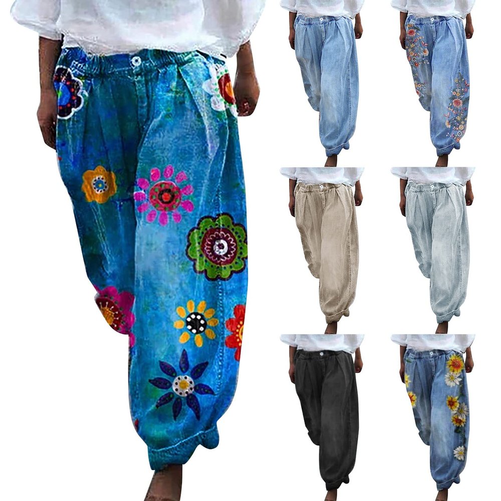 ZYXTIM Women's Casual Harem Trousers High Waist Wide Leg Loose Baggy Casual Boho Floral Print Hawaii Hippie Summer Beach Pants