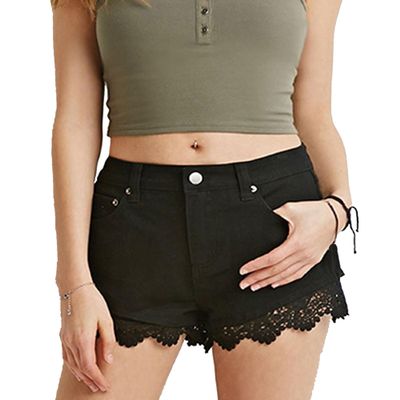 Lace Jeans Shorts for Women Summer Stretch Skinny Denim Pants Ripped Distressed Shorts with Pockets (Medium,Black)