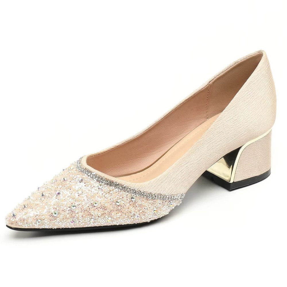 Hee grand Women's High Heels Sparkly Rhinstone Pointed Toe Wedding Dress Shoes Chunky Heels Comfortable Middle Block Heel Work Pumps,Apricot 9