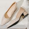 Hee grand Women's High Heels Sparkly Rhinstone Pointed Toe Wedding Dress Shoes Chunky Heels Comfortable Middle Block Heel Work Pumps,Apricot 9 view 3