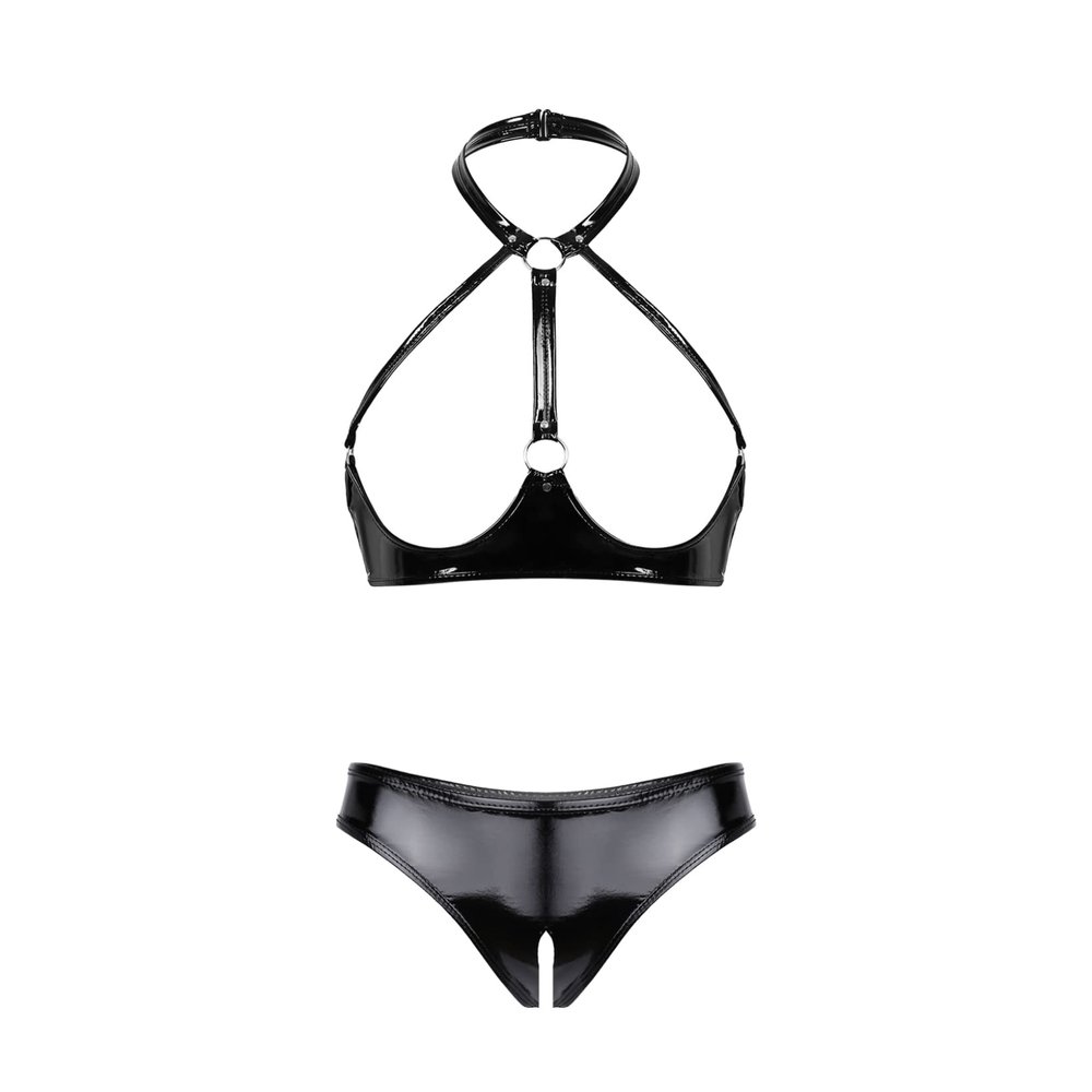 QinCiao Women's Bikini Set Shiny Wetlook 2 Piece Swimsuit Push Up Swimwear Lingerie Bathing Suit BlackTypeB Small
