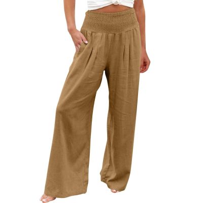 XUNRYAN Women's Cotton Linen Wide Leg Pants Summer Casual High Waisted Boho Palazzo Pants Baggy Lounge Trousers w Pockets