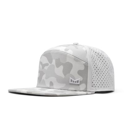 melin Trenches Icon Hydro, Snow Camo, Men's Performance Snapback Hats, Water-Resistant Fitted Flat Bill Baseball Caps for Men & Women, Golf, Running, or Workout Hat, Medium-Large