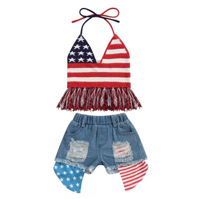 Adobabirl Toddler Baby Girls 4th of July Outfit US Flag Knitted Fringe Vest Top and Ripped Jeans Shorts Fashion Clothes (Stars and Stripes Denim Outfit,3-4T)