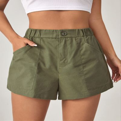 SOFULU Solid Slant Pocket Wide Leg Shorts (Color : Army Green, Size : Large)