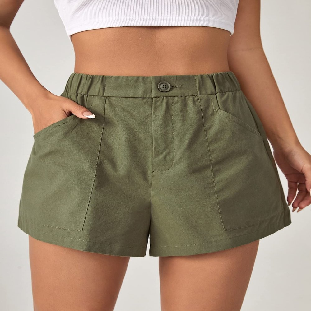 SOFULU Solid Slant Pocket Wide Leg Shorts (Color : Army Green, Size : Large)