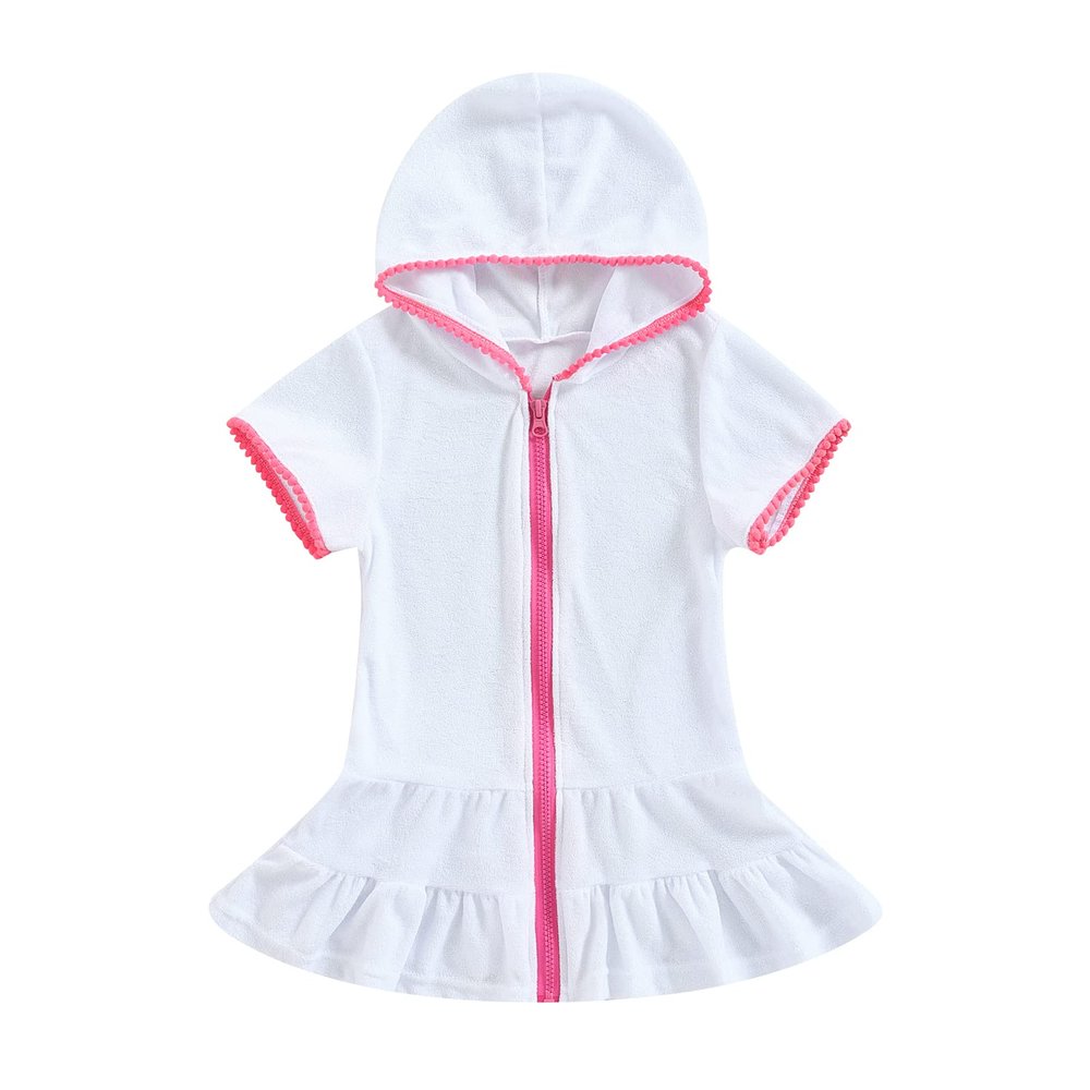 Hoanselay Kids Toddler Little Girl Swim Cover Up Towel Terry Swimsuit Wraps Zip Up Bathing Suit Robe Pool Beach Coverup (White, 6-7 Years)