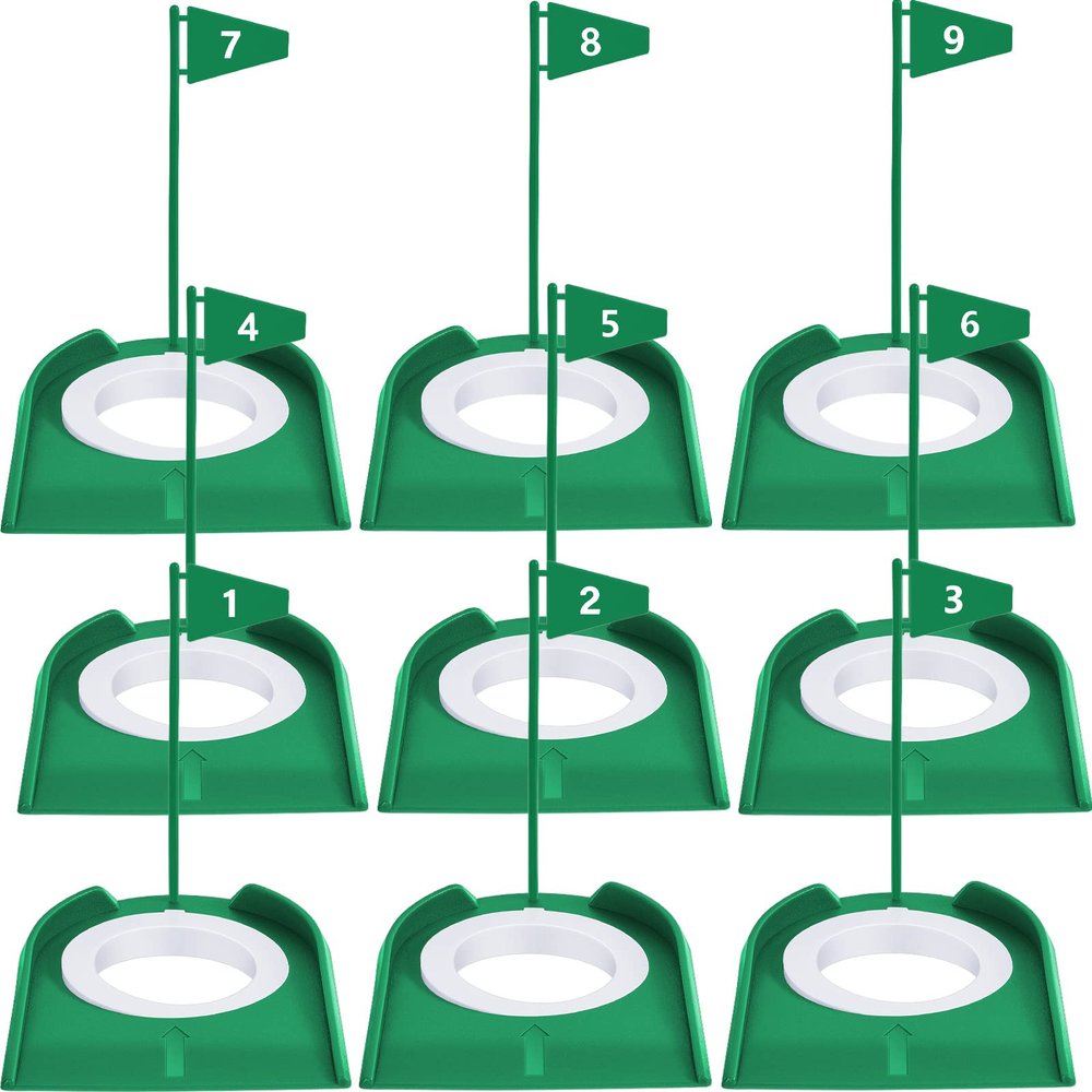 Sotiff 9 Pack Golf Putting Cup and Flag Plastic Golf Hole Training Aids Training Putters for Indoor Outdoor Men Women Office Backyard Garage Accessories(Green)