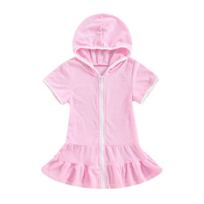 Hoanselay Kids Toddler Little Girl Swim Cover Up Towel Terry Swimsuit Wraps Zip Up Bathing Suit Robe Pool Beach Coverup (Pink, 4-5 Years)