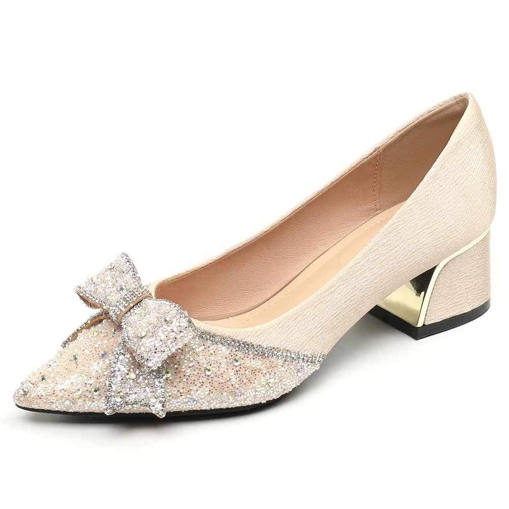 Hee grand Women's Heels Pointed Toe Rhinestone Bowknot Wedding Party Bridal Dress Shoes Chunky Heels Comfortable Block Heel Office Work Pumps,Apricot 6