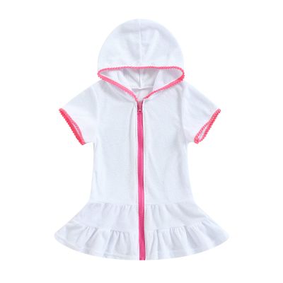 Hoanselay Kids Toddler Little Girl Swim Cover Up Towel Terry Swimsuit Wraps Zip Up Bathing Suit Robe Pool Beach Coverup (White, 2-3 Years)
