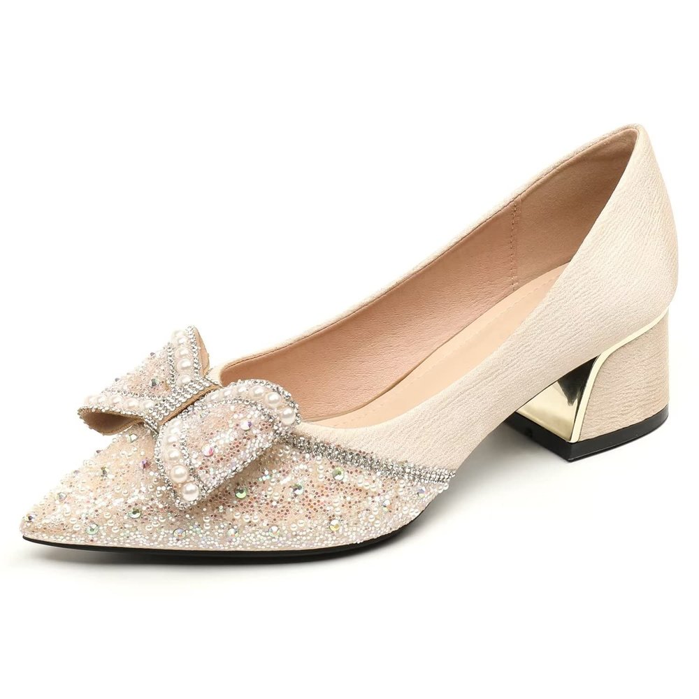 Hee grand Women's Pointed Toe Heels Rhinestone Bowknot Crystal Shoes Wedding Bridal Dress Shoes Comfortable Chunky Heel Office Work Pumps,Apricot 7
