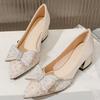 Hee grand Women's Pointed Toe Heels Rhinestone Bowknot Crystal Shoes Wedding Bridal Dress Shoes Comfortable Chunky Heel Office Work Pumps,Apricot 7 view 2