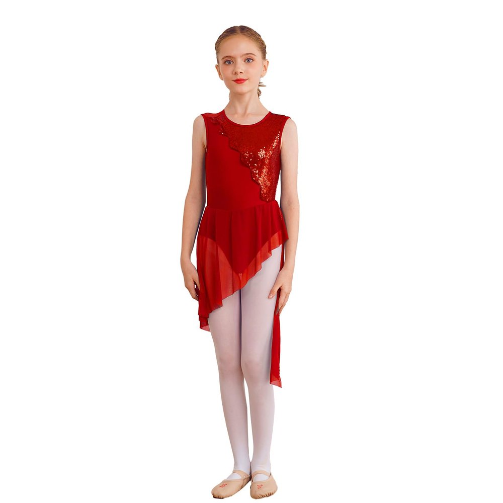 FEESHOW Girls Ballet Lyrical Dance Dress Shiny Sleeveless Cutout Back Leotard with High Low Skirt Dancing Costumes Red 16 Years
